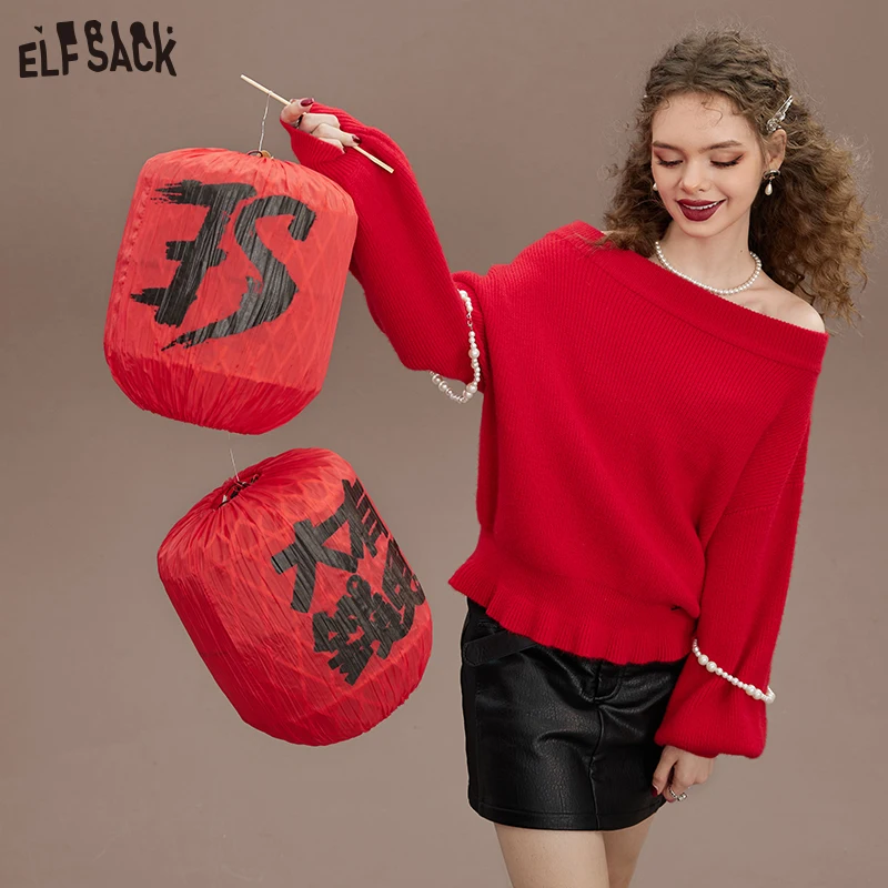 ELFSACK New Year Red Pullover Sweaters Women 2022 Autumn/Winter Loose Basic Tops