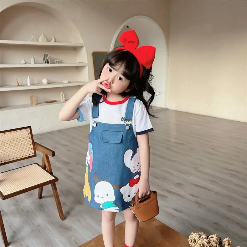 

2023 New Kawaii Cute Sanrio Hellokitty Mymelody Printed Denim Strap Skirt Dress Cartoon Children Summer Birthday Gift For Girls