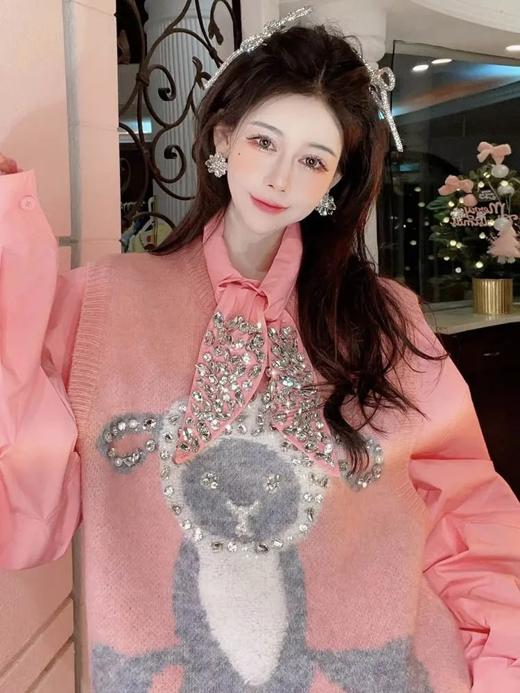 

Heavy industry diamond inlaid knitted vest sweater Women's 2021 long sleeve white shirt fashion suit two-piece set