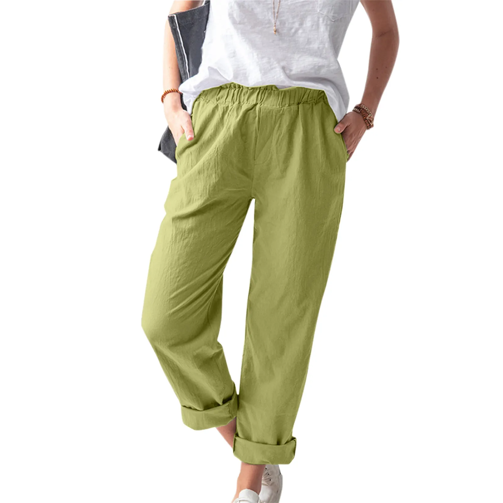 Trousers Casual Pocket Tightness Women Harem Pants Cotton Linen Solid Clothes Pants Candy Colors Straight Leg Pants For Female