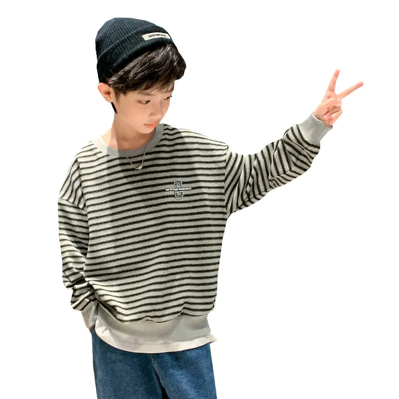 

2022 Children Casual Sweatshirts Striped Print Long Sleeve Pullover Clothes Spring Autumn Teenager Boys Tops 5 7 9 11 13 14Years