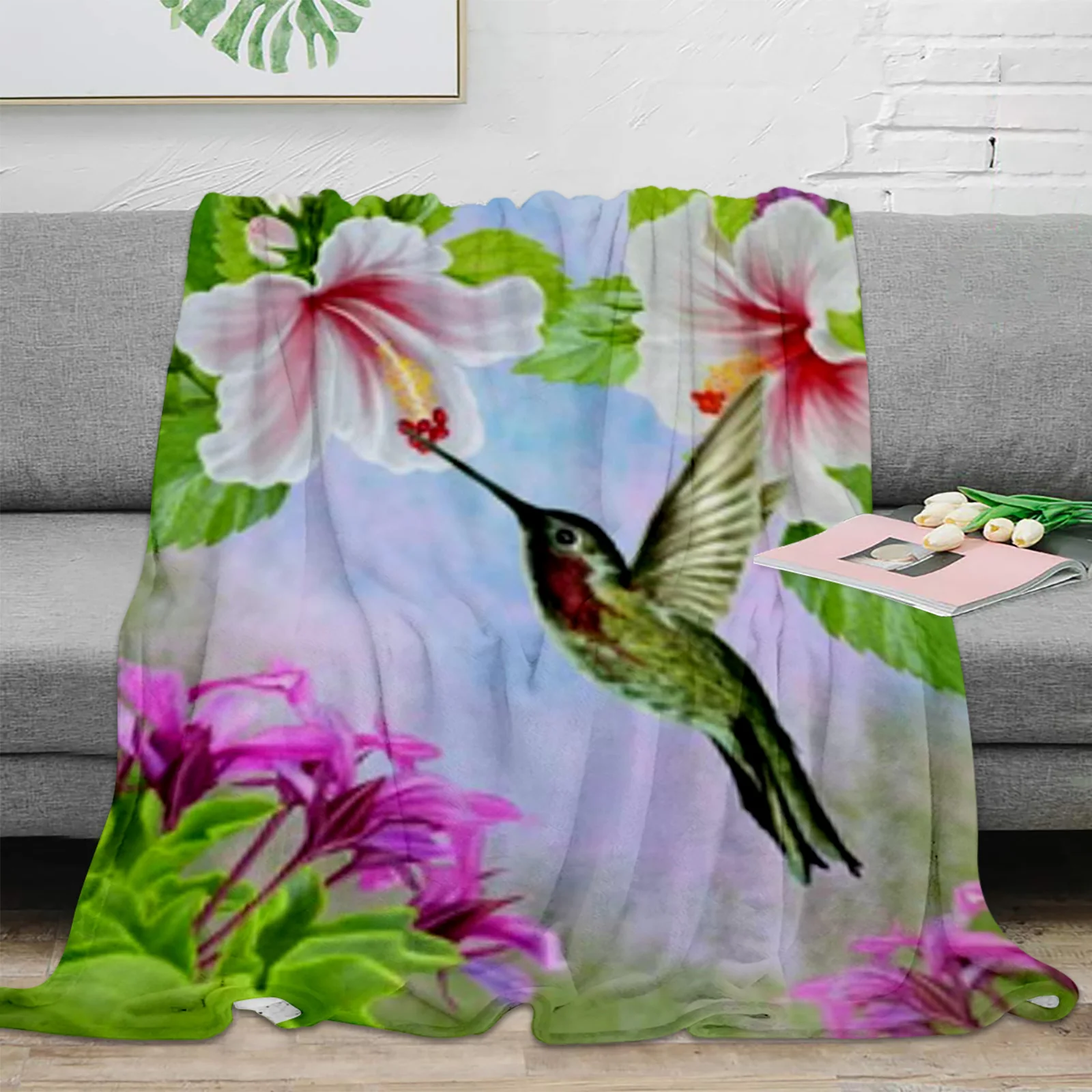 

Hummingbirds Near White Hibiscus Throw Blanket For Sofa Bed Bedroom Bedspread Soft Flannel Throw Blanket For Kids Gifts