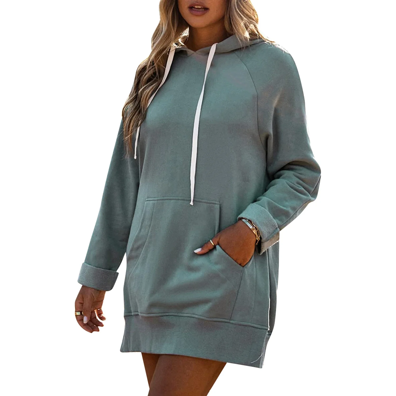 

Women Oversized Sweatshirt Soft Casual Long Pullover Sweatshirt High Split Hooded Sweatshirt with Pocket,L Blue