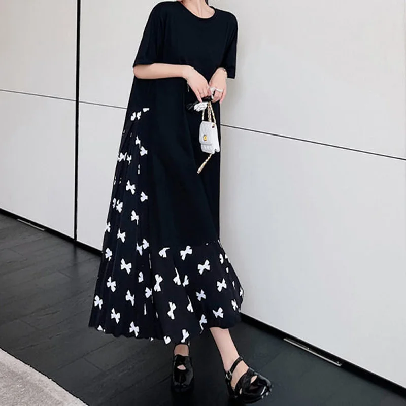 

Solid Color Printing Dresses Patchwork Spring Summer Thin Casual Fashion Loose Short Sleeve Sweet O-neck Women's Clothing 2023