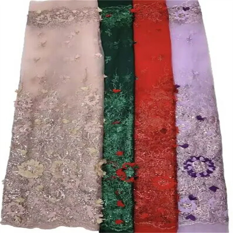 

Red Luxurious African Groom Sequins Lace Fabric High Quality 2023 3D Flower Embroidery French Tulle Lace Nigerian Wedding Dress
