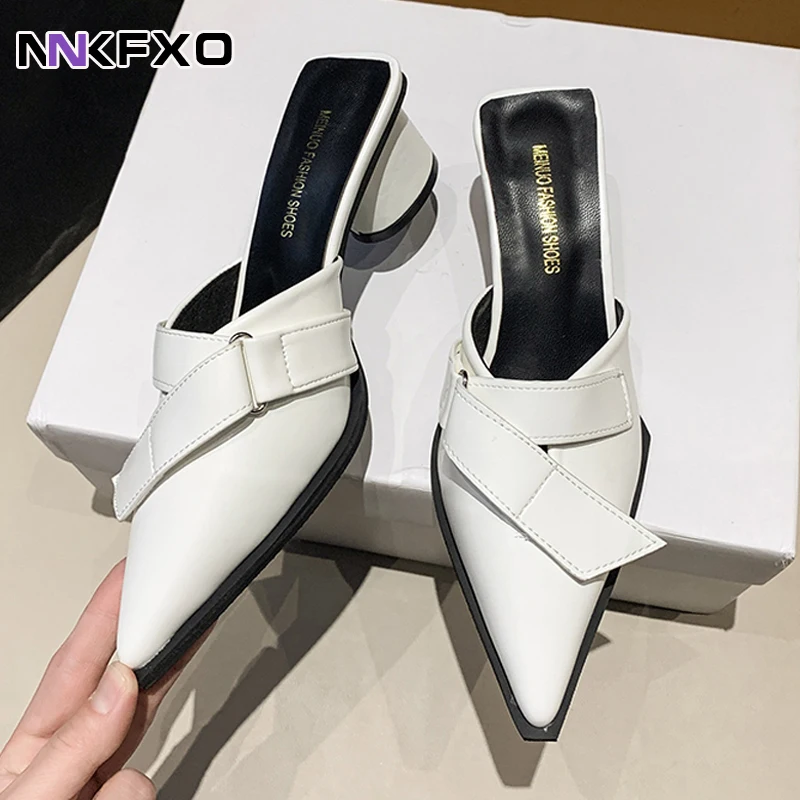 New Brand Women Slipper Fashion Pointed Toe Round Med Heel Slip On Mules Shoes Ladies Casual Outdoor Slides Vc3402