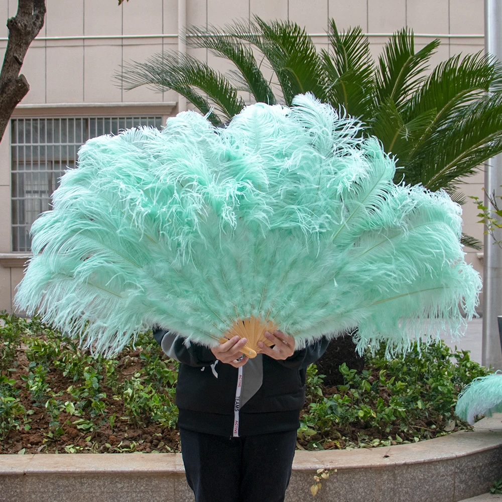 

Mint Green 13 Bone Ostrich Feathers Fan Carnival Party Wedding Celebration Performance Dance Props DIY Decor Foldable Plumes Fan