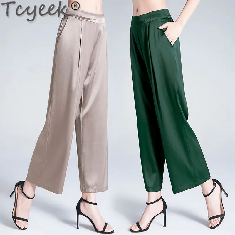 Tcyeek Summer 95% Mulberry Silk Pants Women's Clothing Thin Wide-leg Pants for Women Streetwear Casual Loose Trousers Pantalones