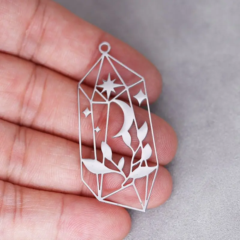 

3X Art Line Crystal Moon Leaf Charm Stainless Steel Pendant for Jewelry Making DIY Craft Vintage Tassels Earrings Necklace Women