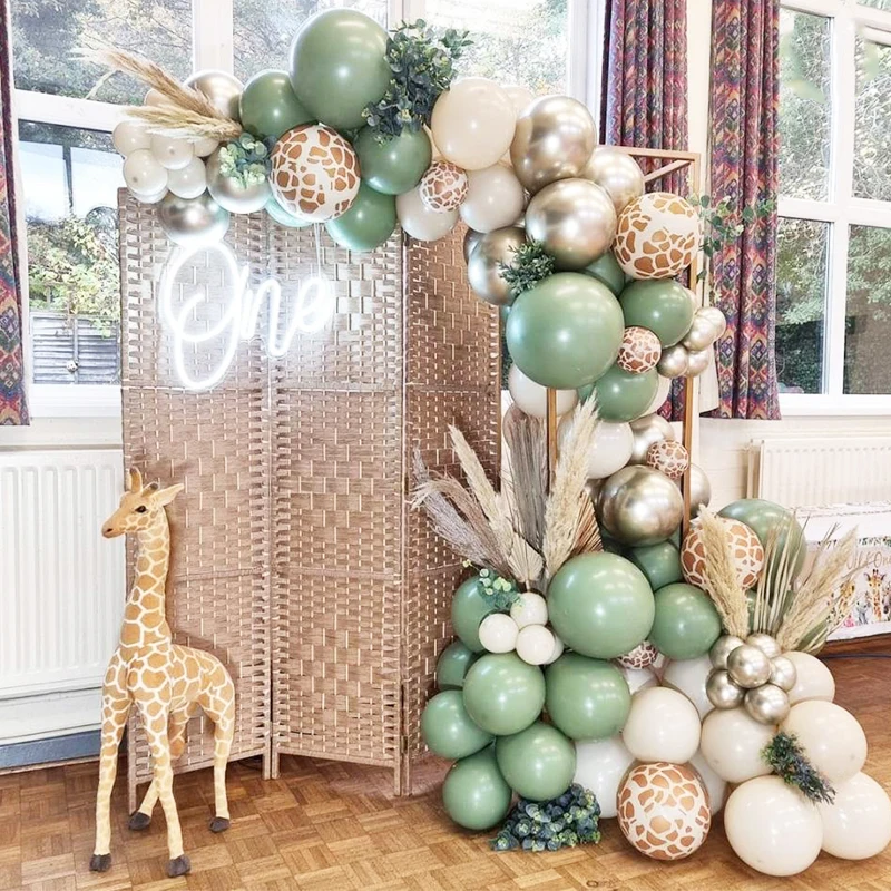 

Giraffe Printed Balloon Garland Jungle Safari Animal Party Decorations Wild One Birthday Deocr Sand Sage Green Balloons Set
