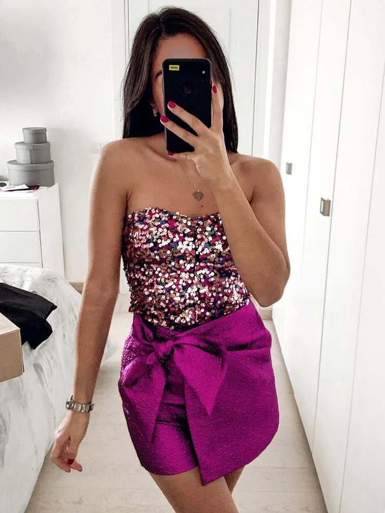 

Shorts For Women 2021 Fashion Tie Bow Knot Elegant Vintage Skort Side Zipper High Waist Street Style Metallic Night Party Shorts