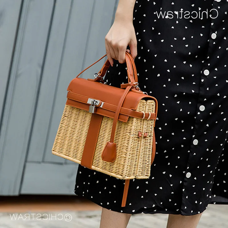 

Women's Luxury Brand Handmade Straw Bag High Quality Natural Wicker Hand Made Square Rattan Handbag