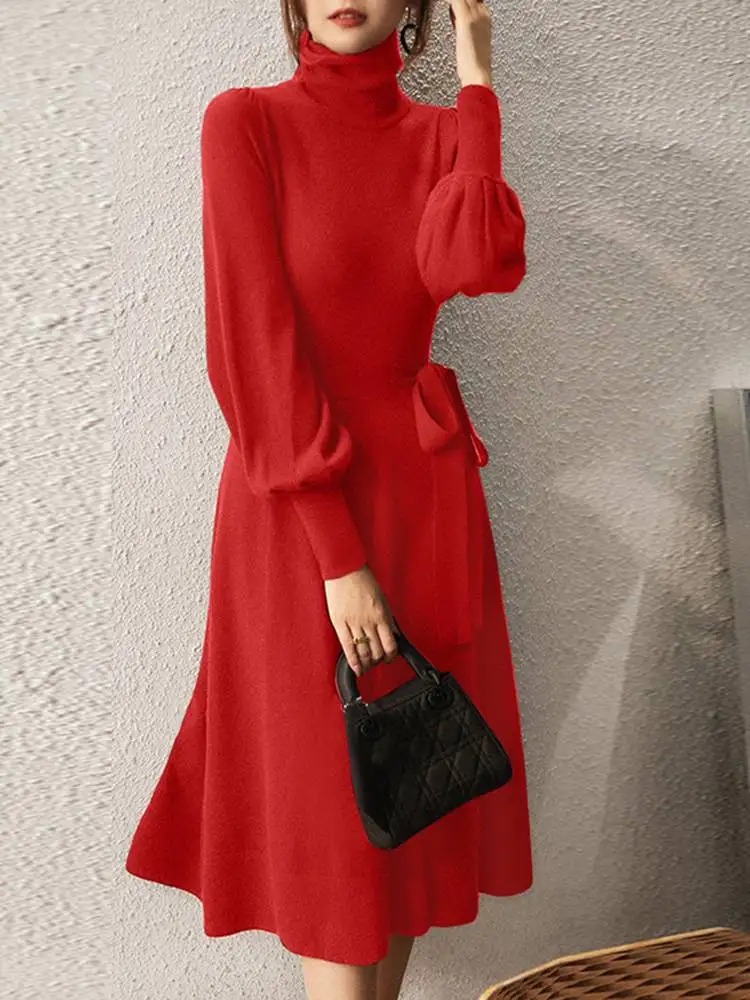 

ZANZEA Women Spring Dress 2022 Elegant Long Latern Sleeve Stand Collar Solid Sundress Elegant Work Office OL Party Robe Vestidos