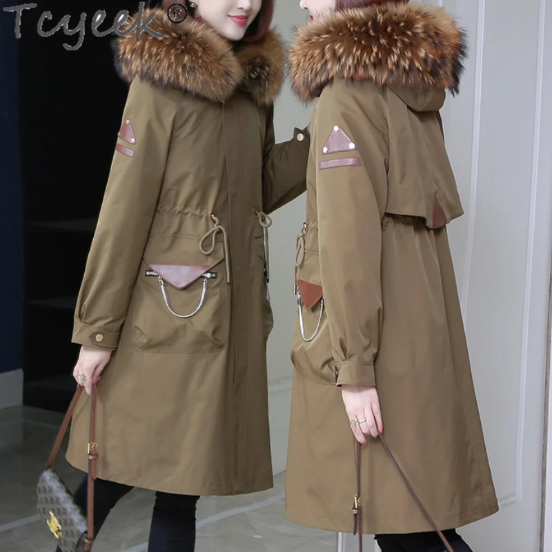 

Tcyeek Raccoon Fur Coat Ladies Winter Women Parkas Jacket Long Rex Rabbit Fur Liner Lady Elegent Outwear Casaco Inverno Feminino