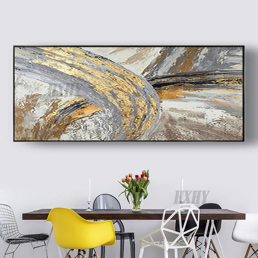 

100% ручная роспись, серая Золотая масляная живопись, абстрактный скребок, текстурный узор, настенные картины, декор для гостиной, домашнее ис...