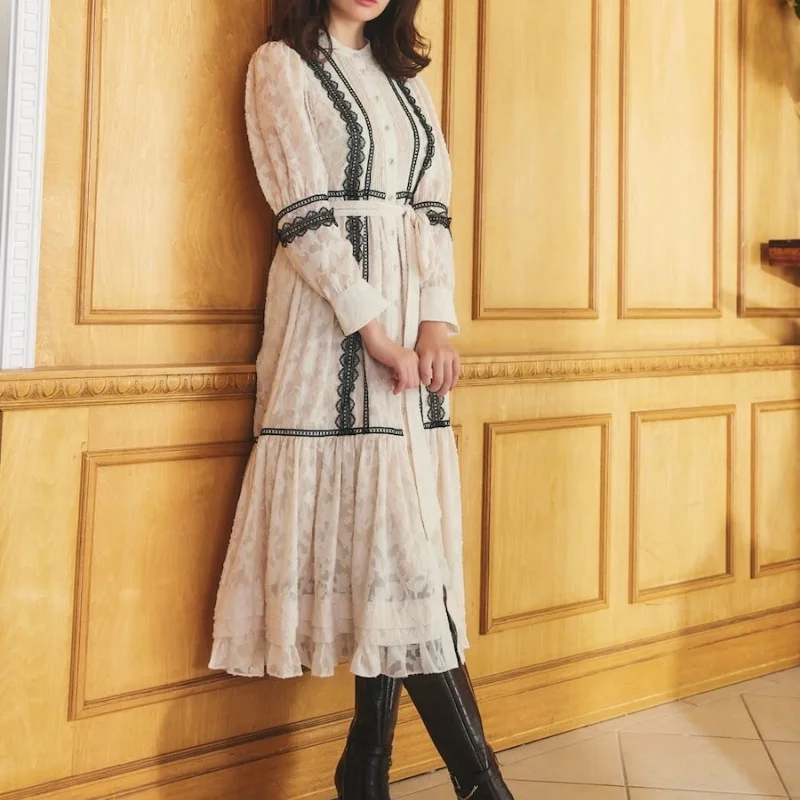 

Elegant High Waist Belt Slim Robe Lace Hook Flower Patchwork Dresses Women Jacquard Flocking Puff Sleeve Heavy Work Vestidos