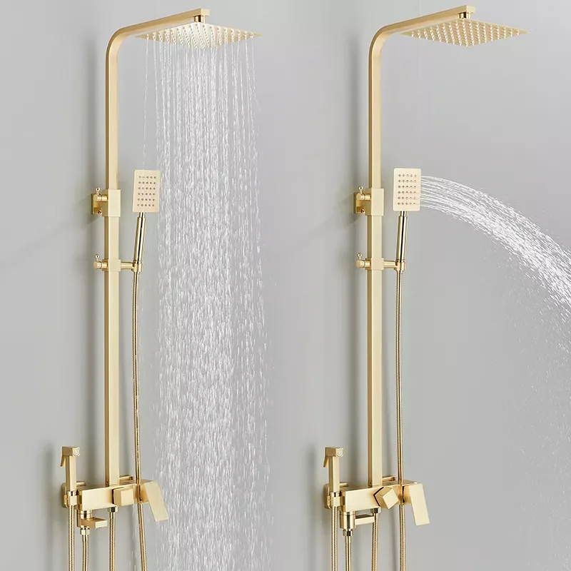 

Brushed Gold Shower Faucet Wall Mounted Bathroom Shower System Kit Rainfall Shower Hot Cold Mixer 4-way with Bidet Shower Faucet