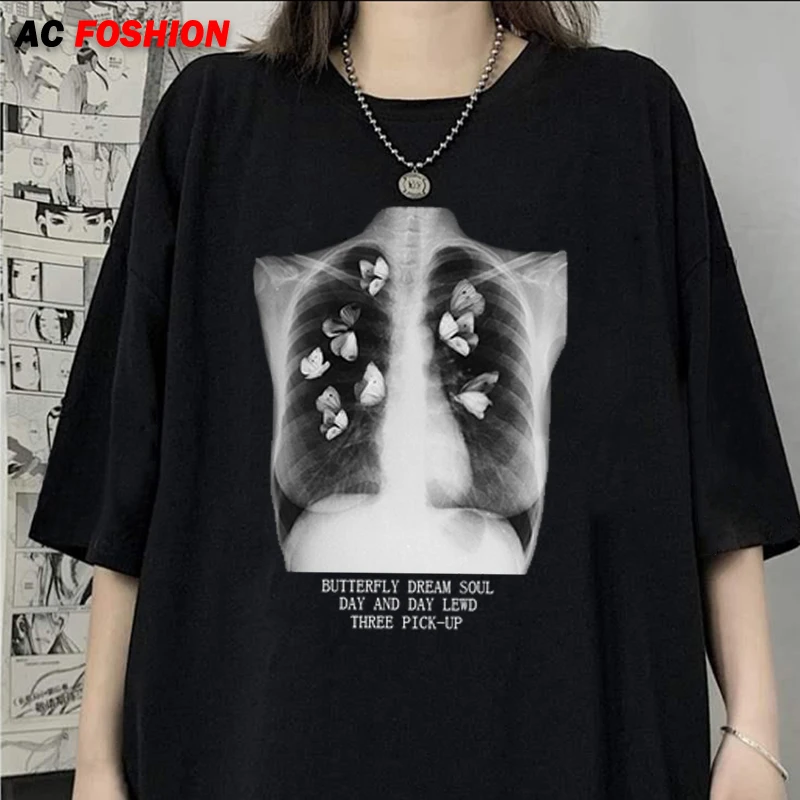 

Hip Hop Art Sternum Butterfly Print Tshirt Vintage Women T-Shirt Punk Gothic Harajuku Chic Casual Loose Summer Streetwear Tops