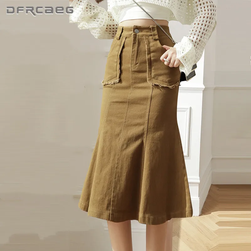 

Vintage Elegant Fashion Women Fishtail Skirt With Ruffles 2023 Autumn High Waist Slim Knee Length Trumpet Saias Female