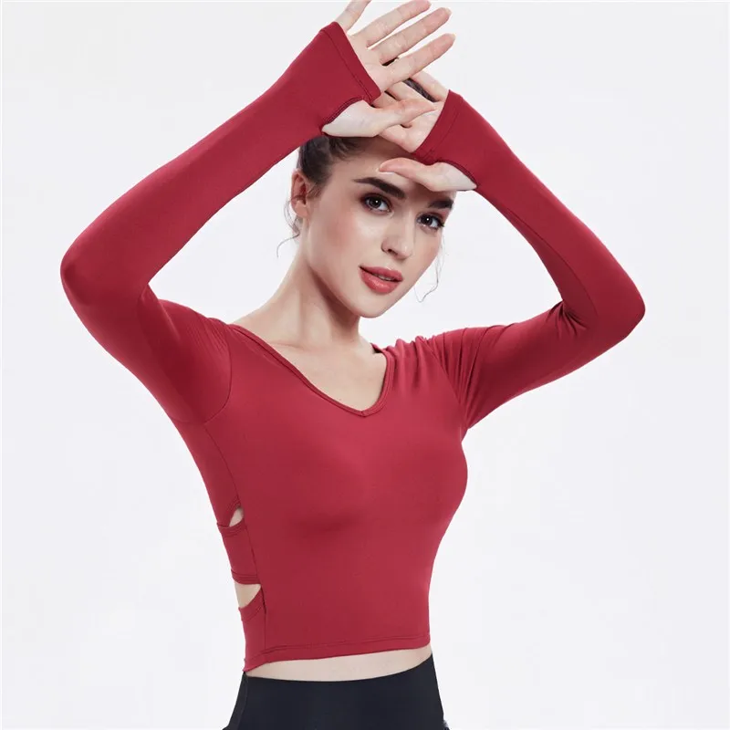 High Quality Women Sexy Backless Slim Sports Tee Crop Top Yoga Shirts Gym Fitness Long Sleeve Workout Female Workout T-Shirts