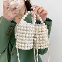 luxury woven pearls bag women handbags hollow beading bucket bags for women 2022 small wedding shoulder crossbody bag sling bags