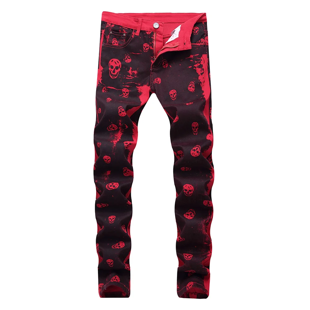 

oversized 28-42 streetwear Men Fashion Skeleton Skull Nightclub Personality Jeans Male Slim Fit Printed Red Denim Pants Trousers