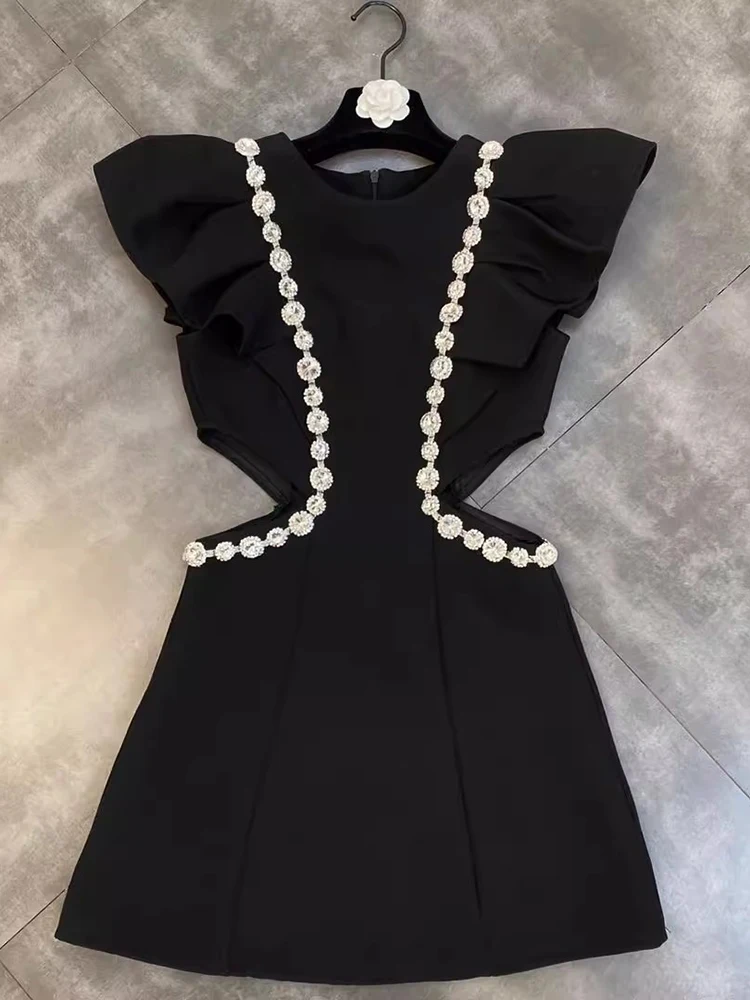 

HIGH STREET Newest 2023 Fashion Stylish Designer Women's Flying Sleeves Round Neck Studded Diamond Hollow out Dress