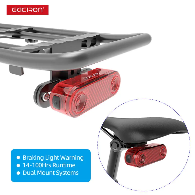 

GACIRON Bicycle Cargo Rack Lamp Braking Warning Taillight Rear Trunk Saddle Mount 60Lm 100Hrs USB Charge Light Reflective