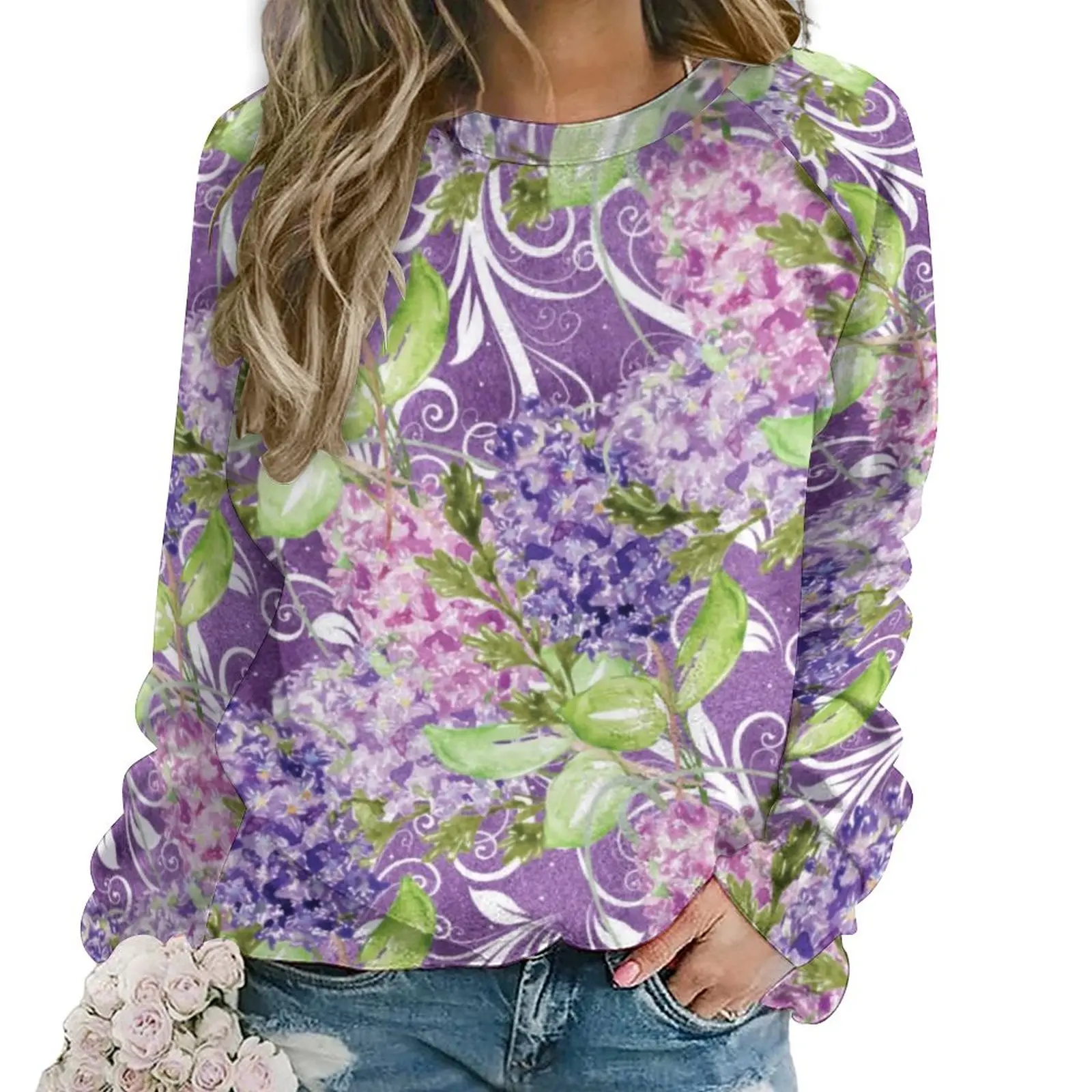 

Purple Floral Print Hoodies Female Watercolor Flowers Korean Fashion Casual Hoodie Long Sleeve Retro Custom Tops Large Size