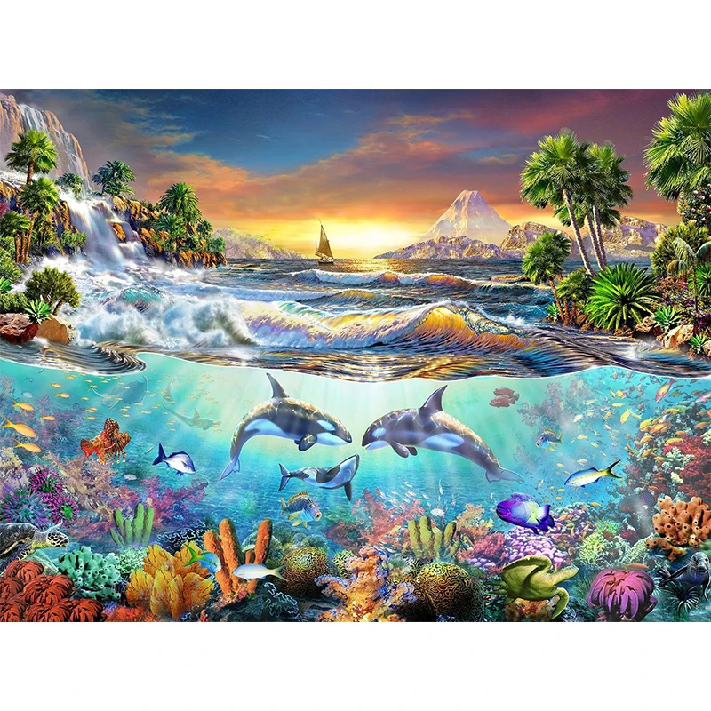 

DIY Алмазная Картина океан мир КИТ Sunrise пейзаж, картина, выложенная алмазами крестиком наборы рыбы животных мозаика картина домашний декор
