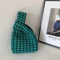 large capacity houndstooth plaid knitting women handbag fashion woven shopper purse retro chic crochet top handletote bag female
