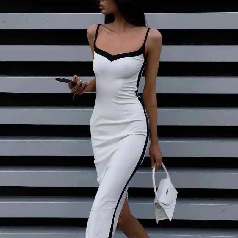 

Womens Summer Casual Dresses Selling Arrival Color Contrast Patchwork Elegant Slim Strap Dress Wholesale