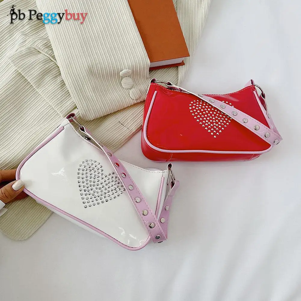 

Fashion Women Rivet Strap PU Leather Rhinestone Love Underarm Shoulder Bag Casual Ladies Glitter Small Hobos Handbag Purse
