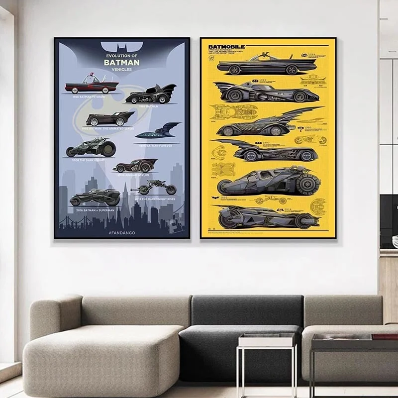 

Evolution of Superhero Vehicles Wall Poster Hanging Painting Canvas Print Wall Art Batmobile Poster and Print Home Decor Picture
