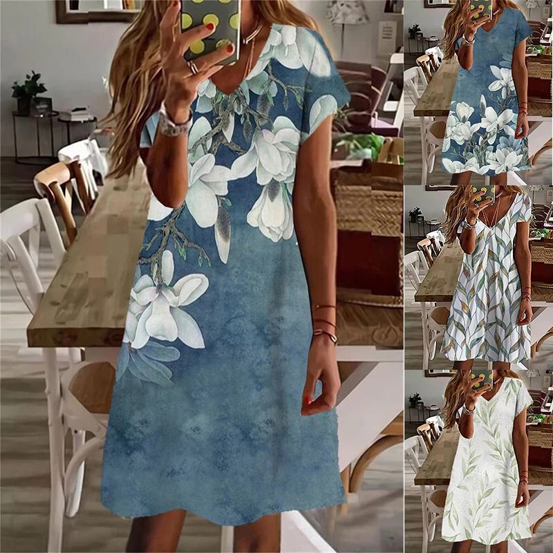 

Women's Shift Dress Spring Summer V-Neck Fashion Casual Skirt 2022 Ladies Blue Short Sleeve Floral Print Knee-Length Dress