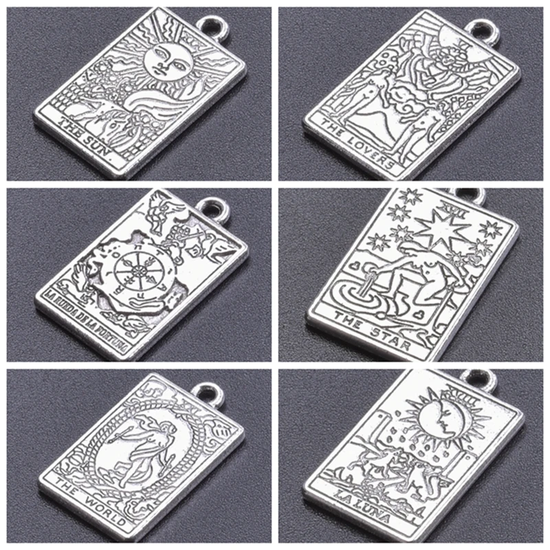 

10PCS Antique Silver Color Alloy Tarot Charm Punk Necklace Star,Sun World Pendants Jewlery Making Handmade Craft Bulk Materials