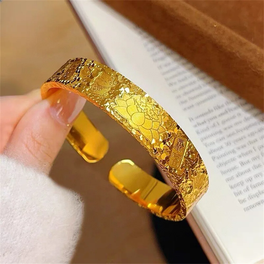 Фото Унисекс браслет-кафф из нержавеющей стали с позолотой 14K, с эффектом битого льда и узором лотоса, в стиле панк, модный, для женщин, оптом №2
