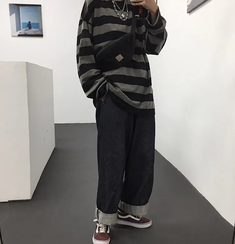 

Футболка в полоску в стиле Харадзюку, универсальная Модная рубашка в стиле Хай-стрит, с длинным рукавом, в винтажном стиле, унисекс, Японская уличная одежда