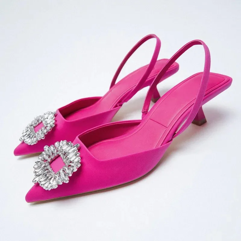

Женские туфли с острым носком, розовые туфли с бриллиантами на низком каблуке и ремешках сзади, новинка 2023