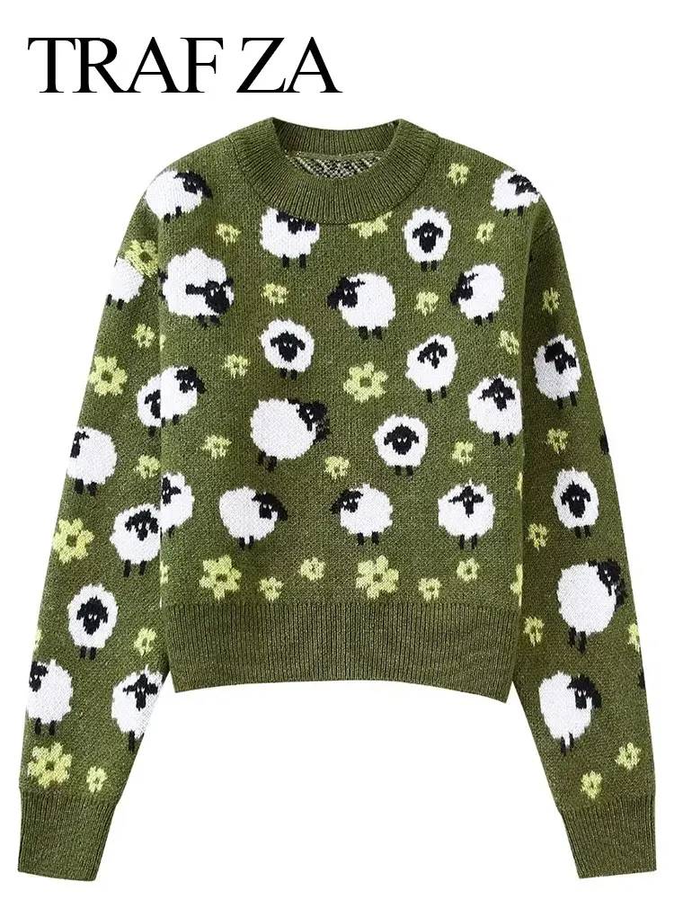

TRAFZA Women's Fashion Cartoon Sheep Jacquard Knitted Sweater Long Sleeve O-Neck Female Pullovers Vintage Casual Chic Tops