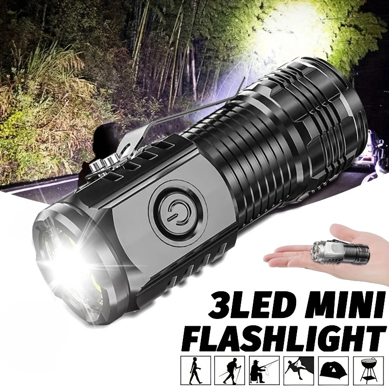 3LED Super Bright Flashlight Portable Mini Burst Flash Torch USB Rechargeable Outdoor Emergency Spotlight with Pen Clip Lantern