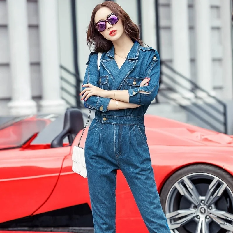 Elegant Fashion Notched Collar Three Quarter Sleeve Womens Denim Jumpsuits Spring Casual Slim Ankle Length Pants Female Overalls