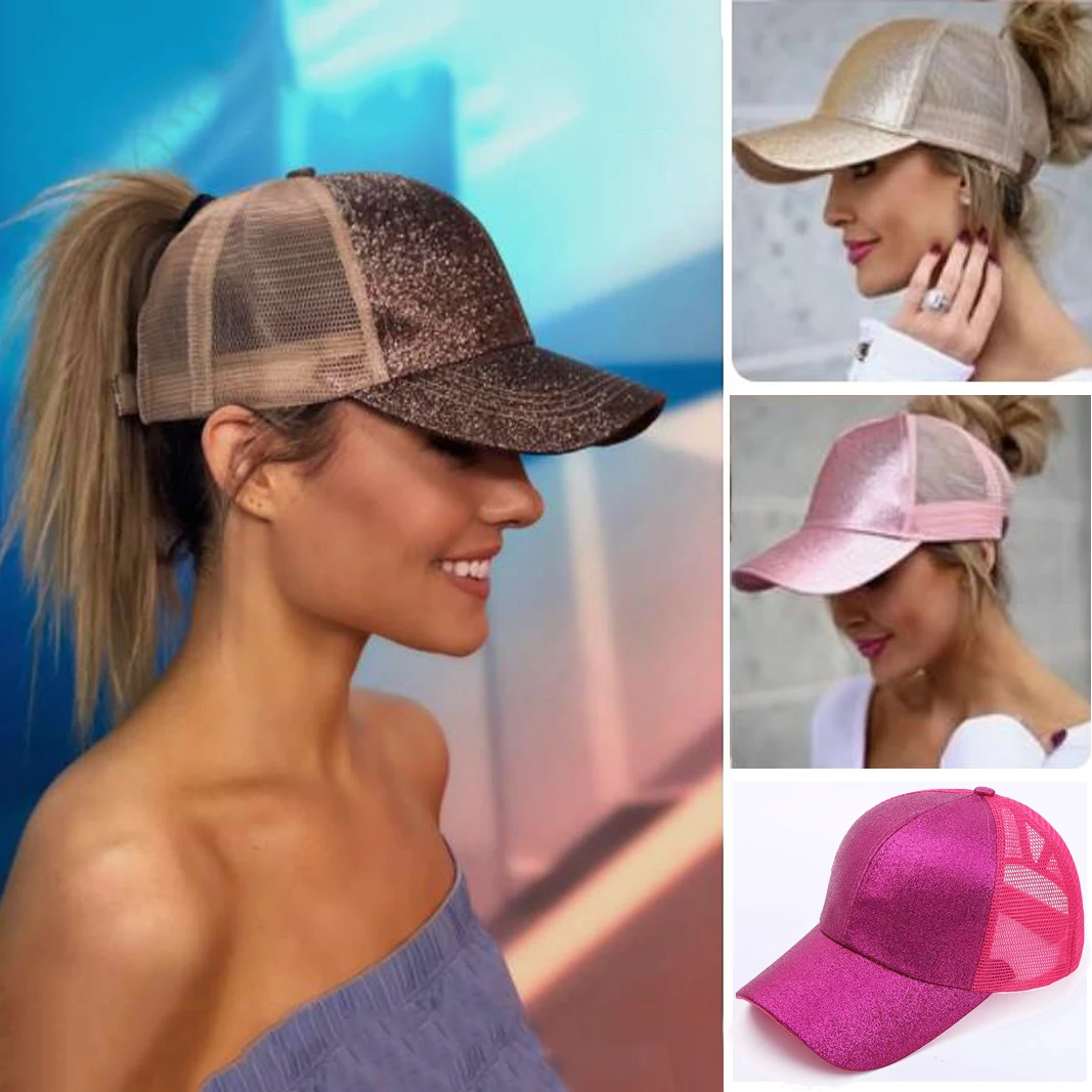

Ponytail Baseball Cap for Women Shiny Glitter Sequins Woman Summer Cap Mesh Sunhat Pure Color High Messy Bun Hat