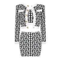 Three Piece Suit Skirt Sets 2022 New Labyrinth Plaid Pattern Knitted Jacquard Metal Button Vest Jacket Skirt Dress Sets Women