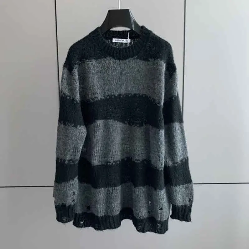 

Женский мохеровый Свитер оверсайз, черный или серый свободный пуловер в полоску с длинным рукавом, повседневные топы, 22 цвета