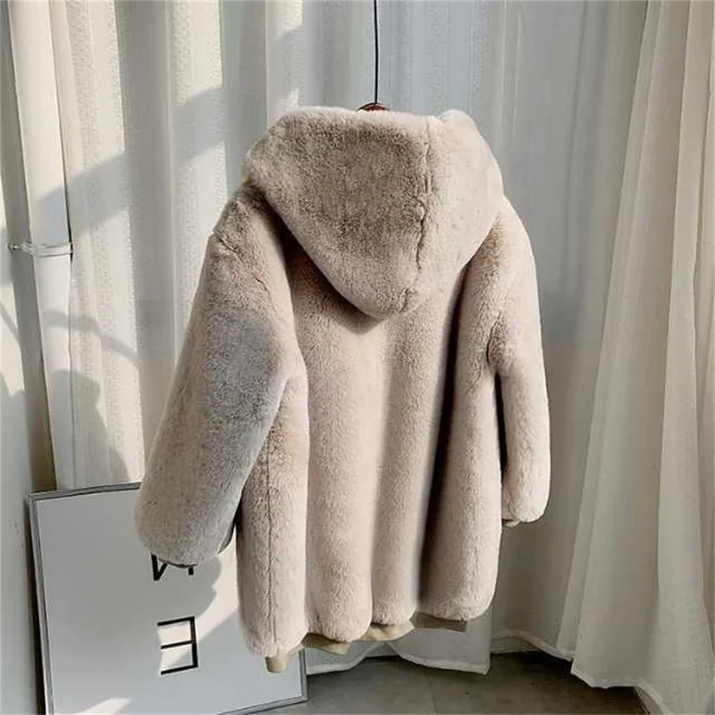2023 Fashion Winter Imitation Mink Loose Sweater Women Thick Fur Zipper Coat Mid-length Hooded Waterproof Mink Solid Long Coat