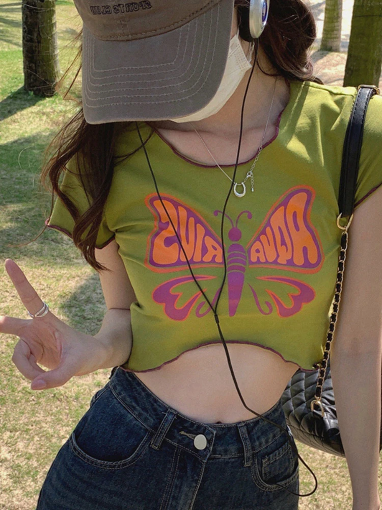 

Женские футболки ADAgirl в стиле Харадзюку, уличная одежда с коротким рукавом для девочек, кроп-топ с круглым вырезом и принтом бабочки, летняя одежда, Y2k