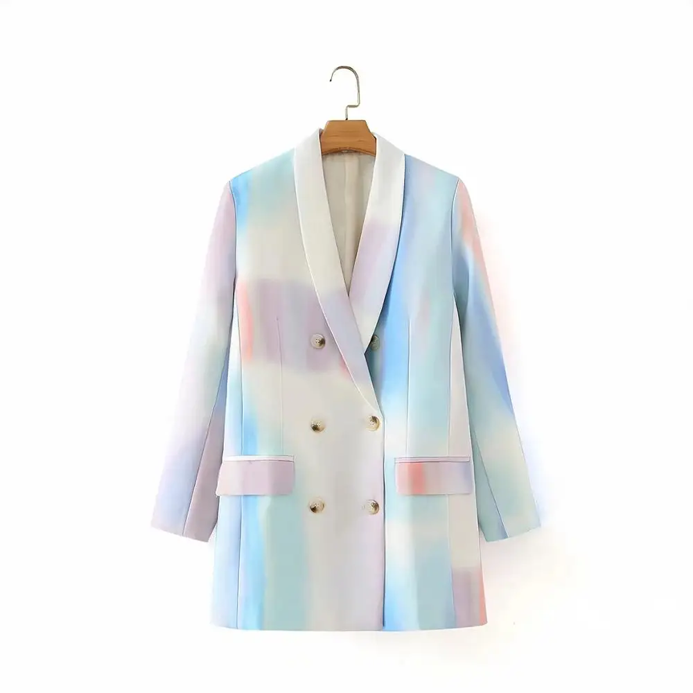 Women 2023 Fashion Tie-dye Print Double Breasted Za Long Sleeve Blazer Coat Vintage Pockets Female Outerwear Chic Tops Jacket
