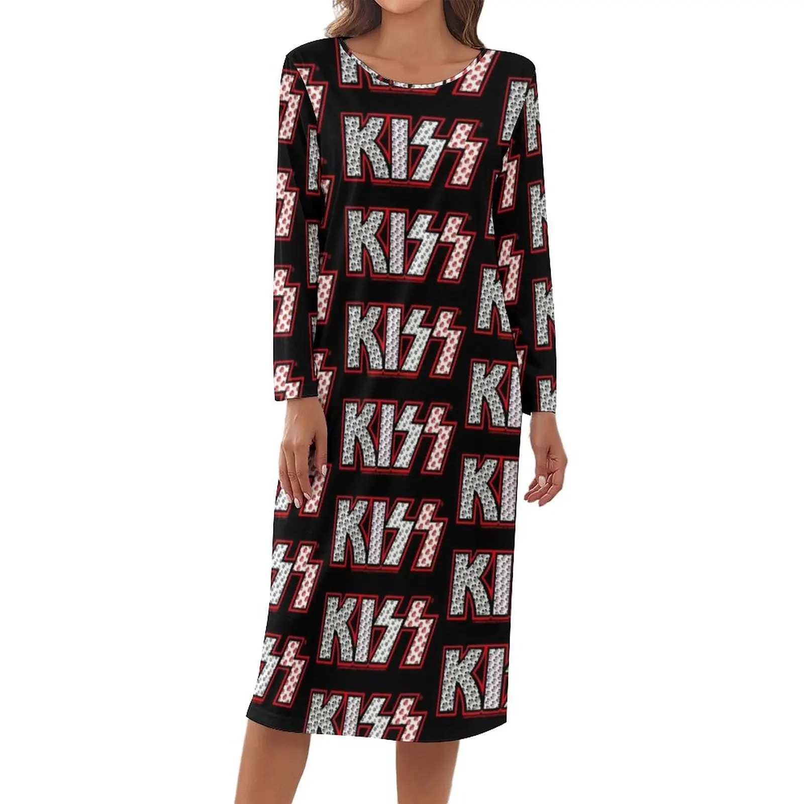 

Kiss Band Member Faces Pajamas Long Sleeves Kiss Logo Soft Dresses Female Casual Sleepwear O Neck Print Pajama