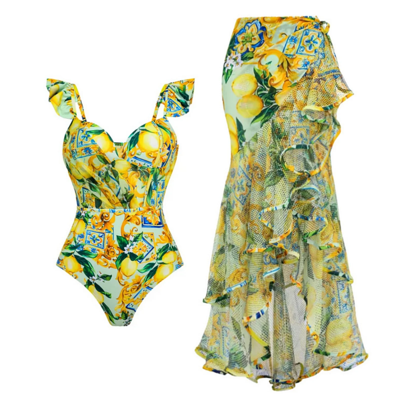 Женский Цельный купальник с эффектом пуш-ап и юбкой принтом лимона
